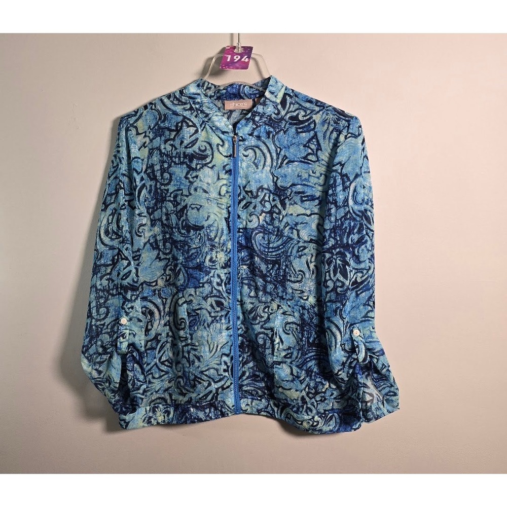 Chico's Women Jacket Blue Abstract Zip Front Roll Tab Sleeve Size 1 (Medium)